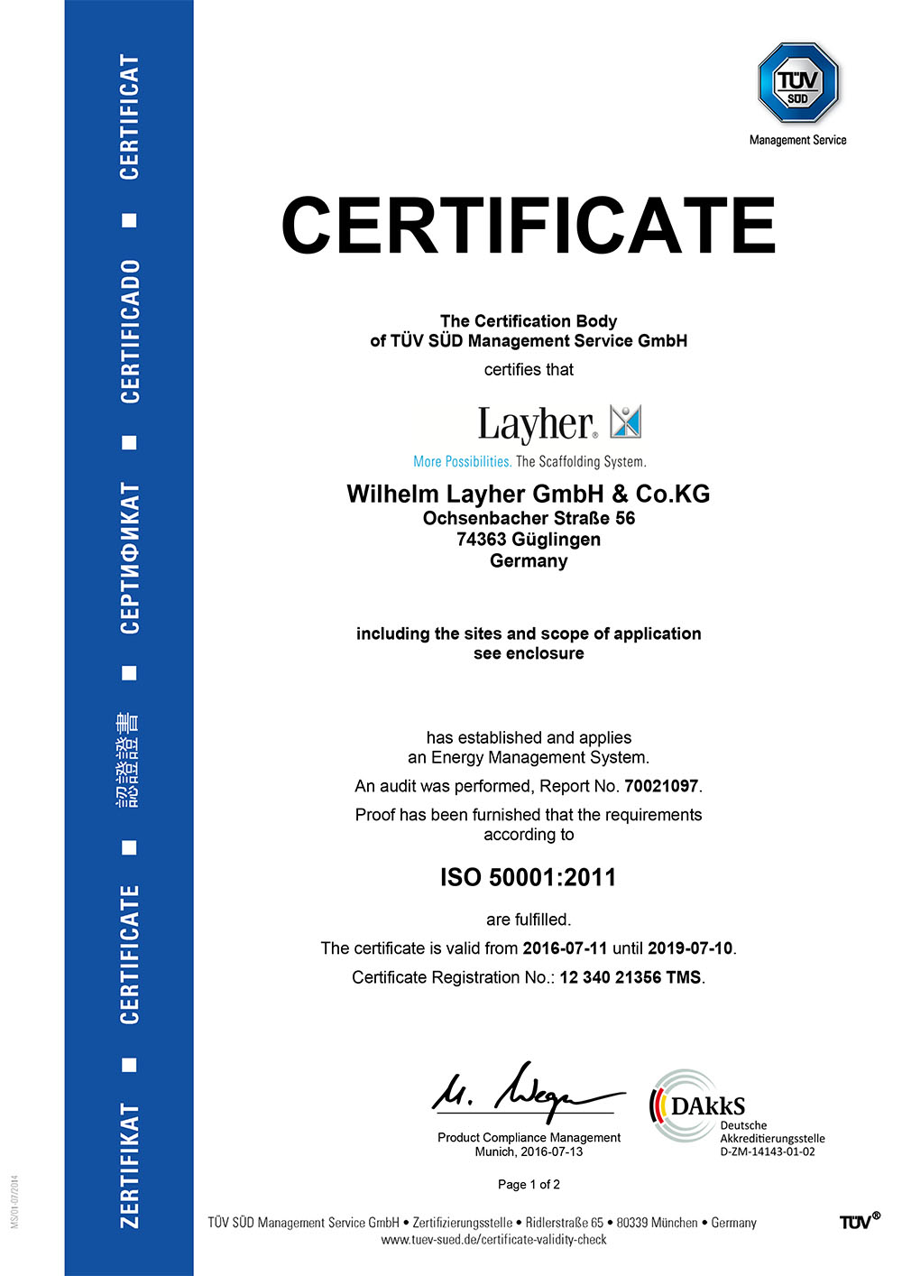 Layher ISO 50001-2011 sertifikaat