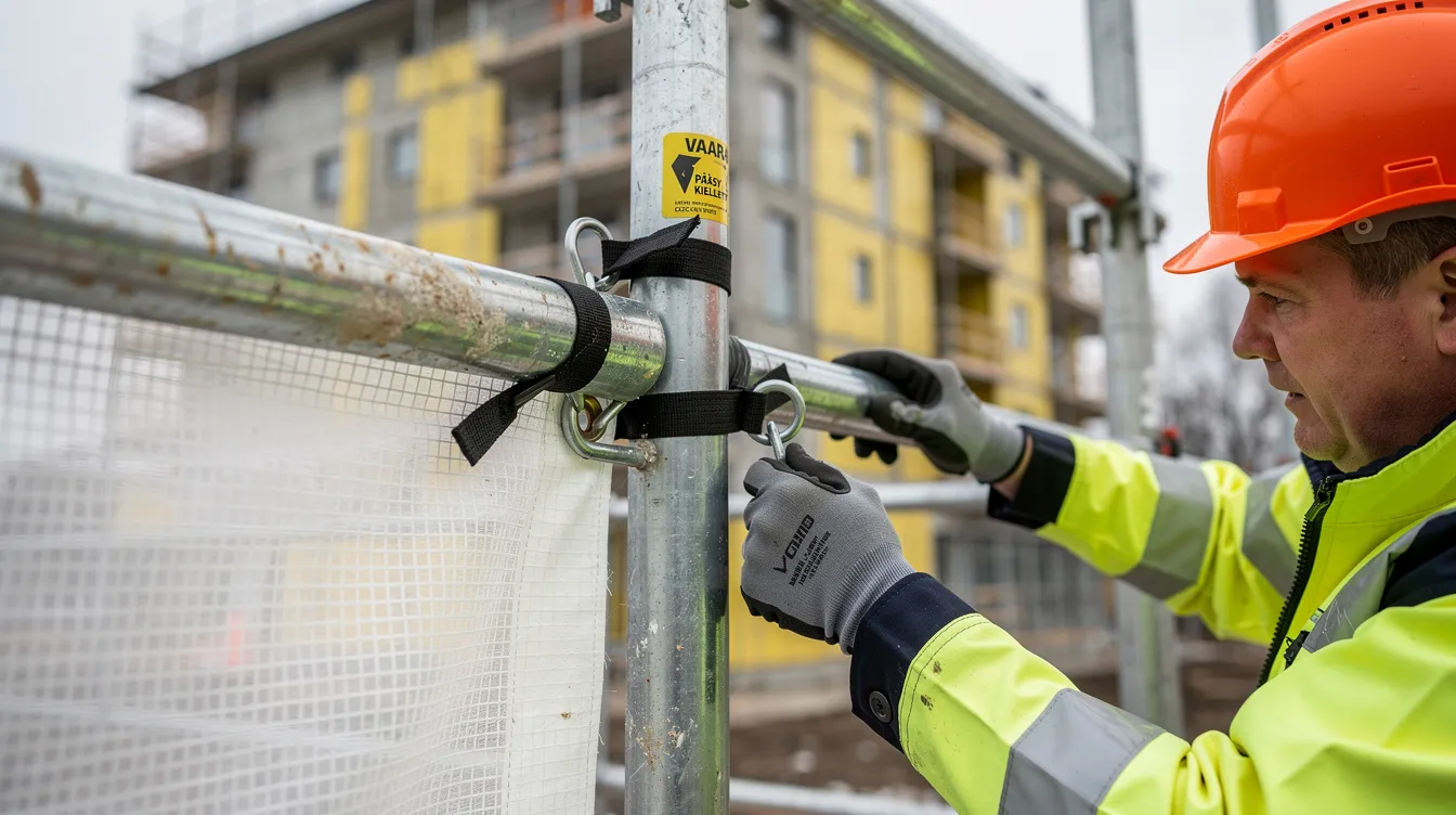 Lähikuvassa näkyy telinepeitteen kiinnitys rakennustelineissä kerrostalotyömaalla, jossa peite suojaa työskentelyaluetta. Telinepeitteet ovat kestäviä ja helppoja asentaa, tarjoten laajan suojan kaikilta sääolosuhteilta.