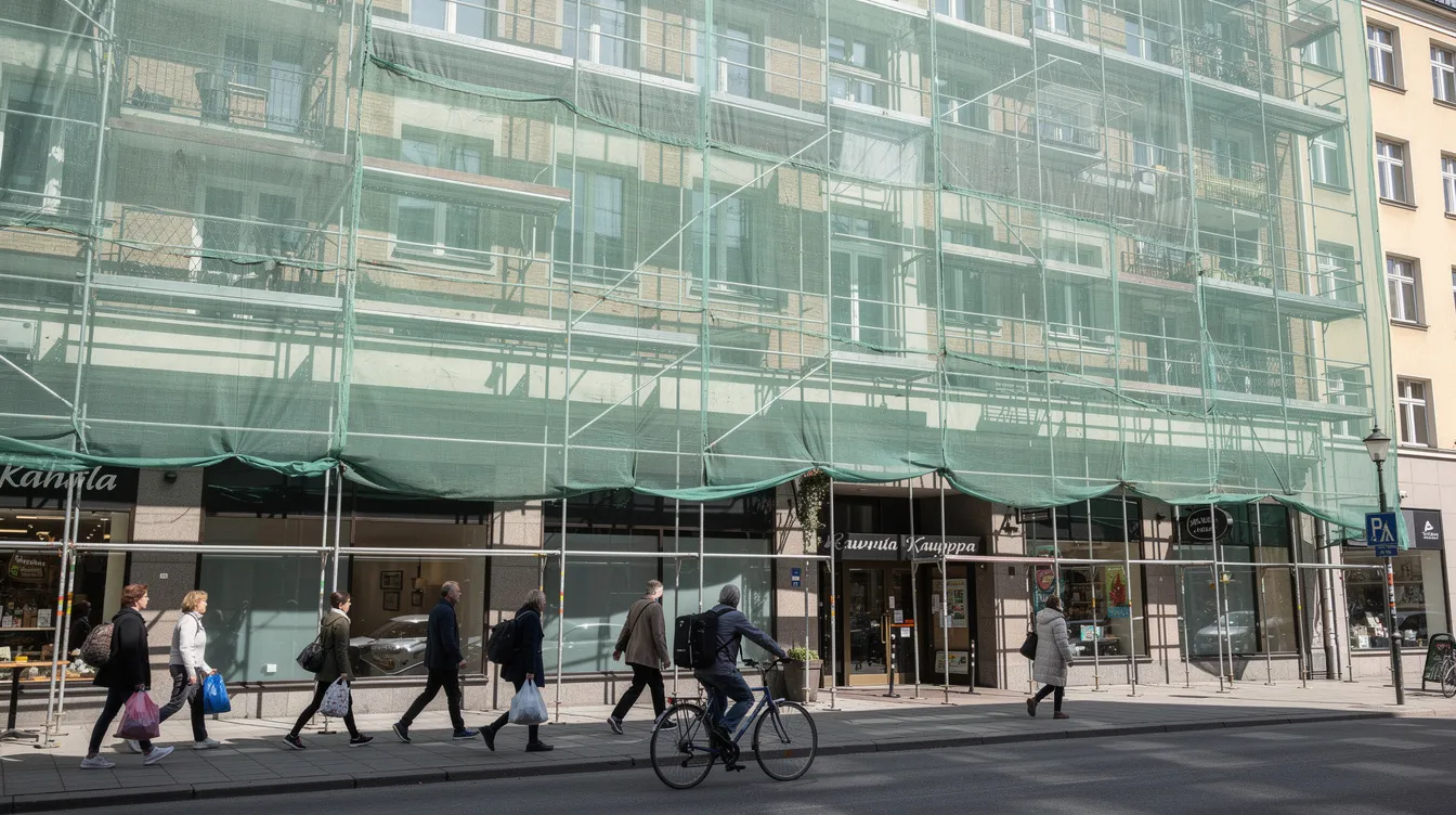 Telineverkko rakennustelineessä kaupunkiympäristössä